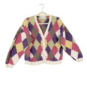 CASUAL CORNER Rainbow Argyle 3D Cable Knit Cardigan Cottagecore SIZE SMALL
